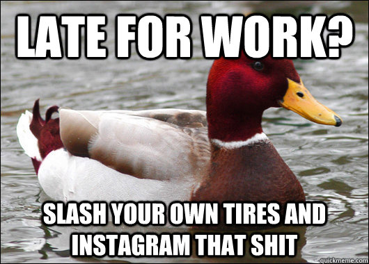 Late for work? slash your own tires and instagram that shit  Malicious Advice Mallard