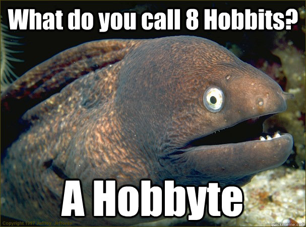 What do you call 8 Hobbits? A Hobbyte  Bad Joke Eel