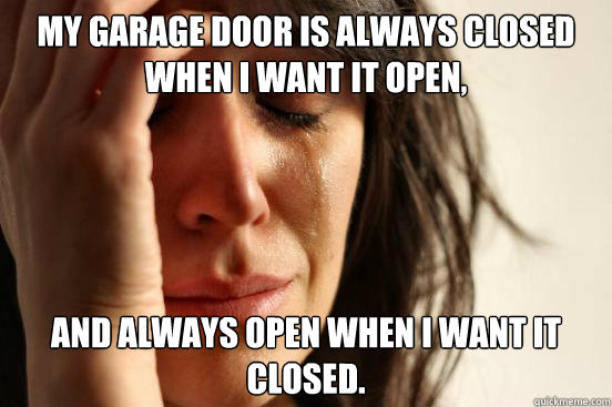 My garage door is always closed when I want it open, and always open when I want it closed.  First World Problems