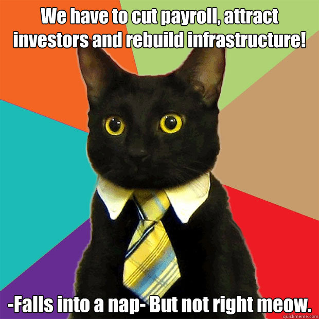 We have to cut payroll, attract investors and rebuild infrastructure! -Falls into a nap- But not right meow.  Business Cat