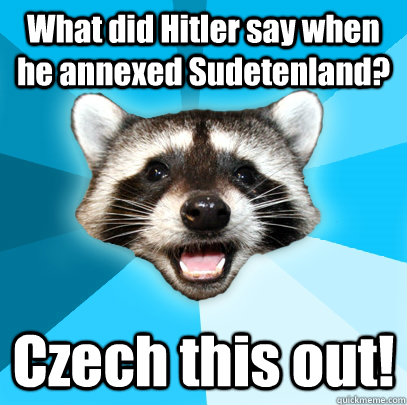 What did Hitler say when he annexed Sudetenland? Czech this out!  Lame Pun Coon