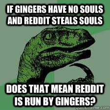 If Gingers have no souls and Reddit Steals souls Does that mean reddit is run by gingers? - If Gingers have no souls and Reddit Steals souls Does that mean reddit is run by gingers?  Bo Philosorapter