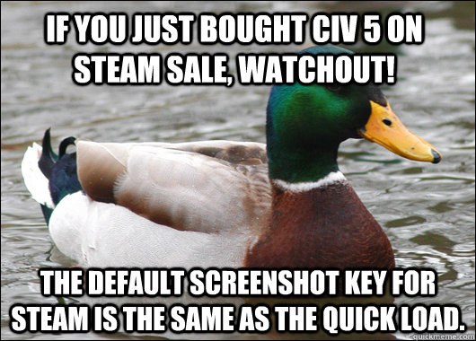 IF YOU JUST BOUGHT CIV 5 ON STEAM SALE, WATCHOUT! THE DEFAULT SCREENSHOT KEY FOR STEAM IS THE SAME AS THE QUICK LOAD.  Actual Advice Mallard