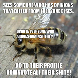 sees some one who has opinions that differ from everyone elses. go to their profile downvote all their shit!!! upvote everyone who argues against them.  Hivemind bee