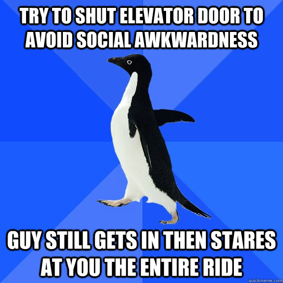 Try to shut elevator door to avoid social awkwardness Guy still gets in then stares at you the entire ride  Socially Awkward Penguin