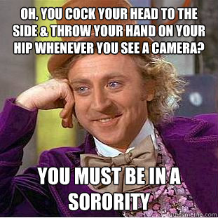 OH, YOU COCK YOUR HEAD TO THE SIDE & THROW YOUR HAND ON YOUR HIP WHENEVER YOU SEE A CAMERA? YOU MUST BE IN A SORORITY - OH, YOU COCK YOUR HEAD TO THE SIDE & THROW YOUR HAND ON YOUR HIP WHENEVER YOU SEE A CAMERA? YOU MUST BE IN A SORORITY  Condescending Wonka
