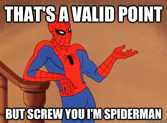 That's a valid point But screw you I'm spiderman - That's a valid point But screw you I'm spiderman  Spiderman giving a fuck