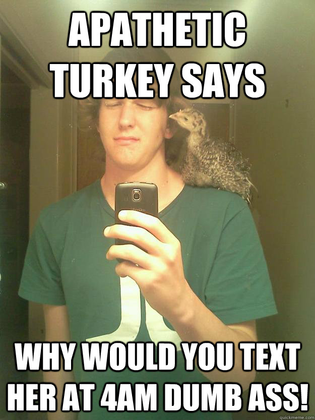 apathetic turkey says  Why would you text her at 4am dumb ass! - apathetic turkey says  Why would you text her at 4am dumb ass!  Empathetic or Apathetic turkey MEME
