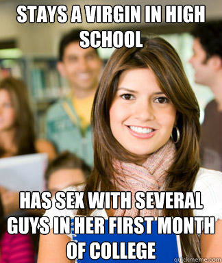 Stays a virgin in high school Has sex with several guys in her first month of college - Stays a virgin in high school Has sex with several guys in her first month of college  Sheltered College Freshman