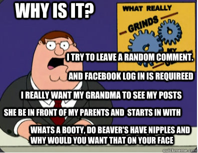 why is it? I try to leave a random comment. and facebook log in is requireed I really want my grandma to see my posts she be in front of my parents and  starts in with whats a booty, do beaver's have nipples and why would you want that on your face  Grinds my gears