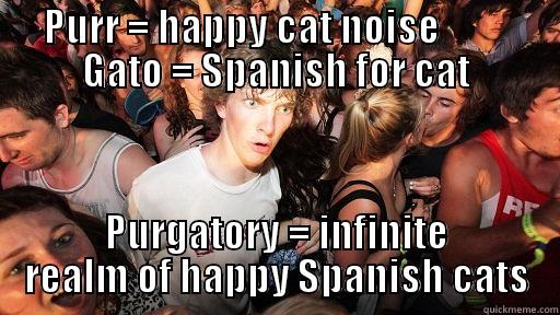 PURR = HAPPY CAT NOISE          GATO = SPANISH FOR CAT PURGATORY = INFINITE REALM OF HAPPY SPANISH CATS Sudden Clarity Clarence