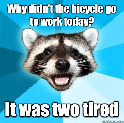 Why didn't the bicycle go to work today? It was two tired  Lame Pun Coon