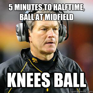 5 minutes to halftime, ball at midfield Knees ball  