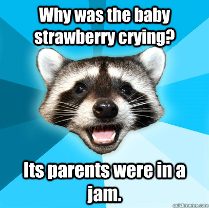 Why was the baby strawberry crying? Its parents were in a jam.  Lame Pun Coon