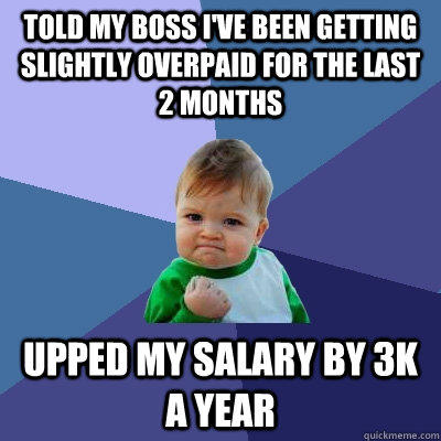 Told my boss i've been getting slightly overpaid for the last 2 months upped my salary by 3K a year    Success Kid
