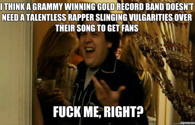 I Think a grammy winning gold record band doesn't need a talentless rapper slinging vulgarities over their song to get fans FUCK ME, RIGHT?  fuck me right