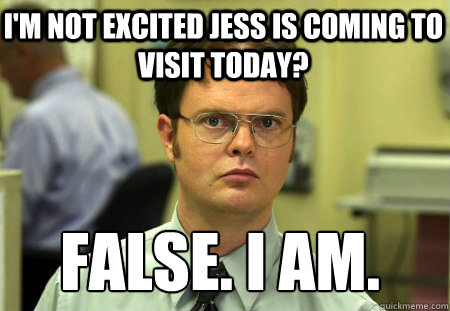 I'm not excited jess is coming to visit today? False. i am.  - I'm not excited jess is coming to visit today? False. i am.   Schrute
