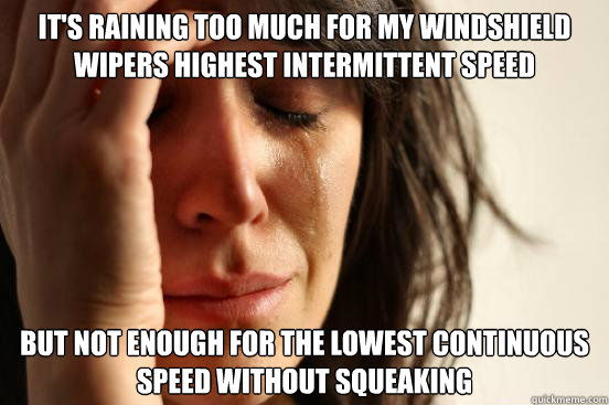 it's raining too much for my windshield wipers highest intermittent speed but not enough for the lowest continuous speed without squeaking  First World Problems