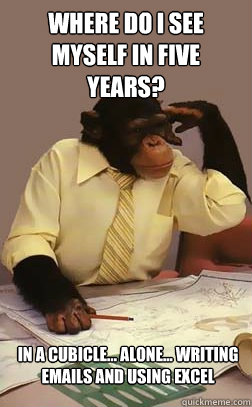 Where do I see myself in five years? In a cubicle… alone... writing emails and using excel - Where do I see myself in five years? In a cubicle… alone... writing emails and using excel  Engineer Monkey