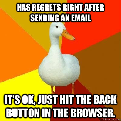 has regrets right after sending an email it's ok, just hit the back button in the browser. - has regrets right after sending an email it's ok, just hit the back button in the browser.  Tech Impaired Duck