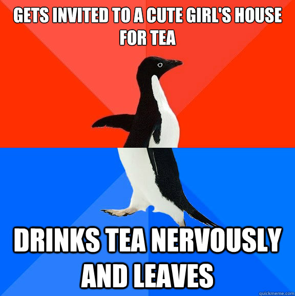 Gets invited to a cute girl's house for tea drinks tea nervously and leaves   Socially Awesome Awkward Penguin