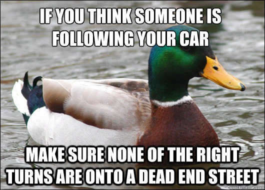 If you think someone is following your car Make sure none of the right turns are onto a dead end street  Actual Advice Mallard
