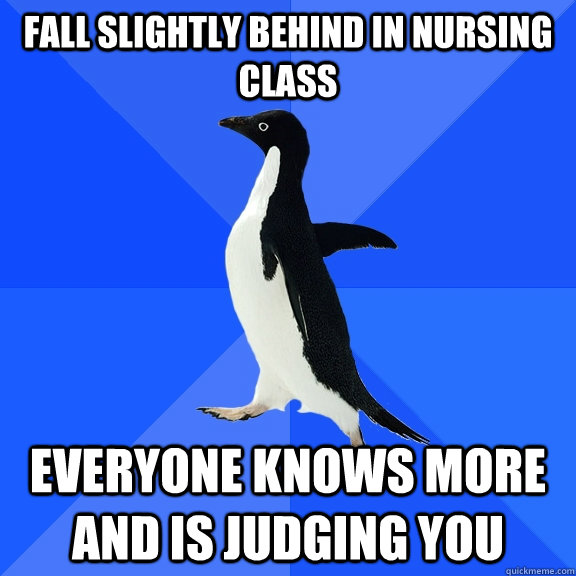 Fall slightly behind in nursing class everyone knows more and is judging you  Socially Awkward Penguin