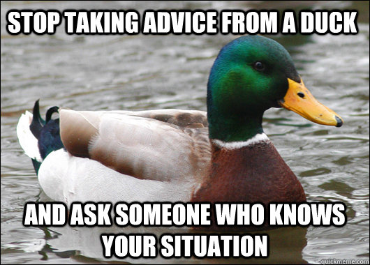 stop taking advice from a duck and ask someone who knows your situation  Actual Advice Mallard