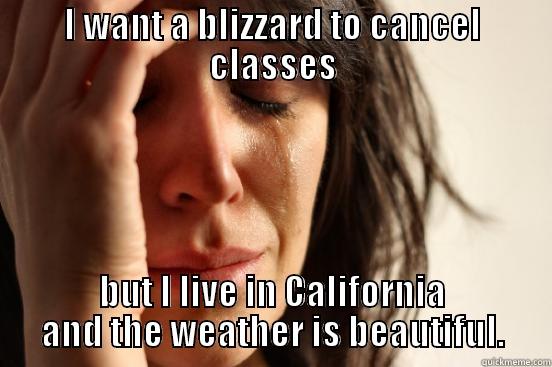 I WANT A BLIZZARD TO CANCEL CLASSES BUT I LIVE IN CALIFORNIA AND THE WEATHER IS BEAUTIFUL. First World Problems