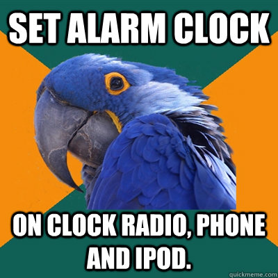 SET ALARM CLOCK ON CLOCK RADIO, PHONE AND IPOD.  Paranoid Parrot