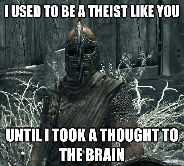 I used to be a theist like you until I took a thought to the brain  Skyrim Guard