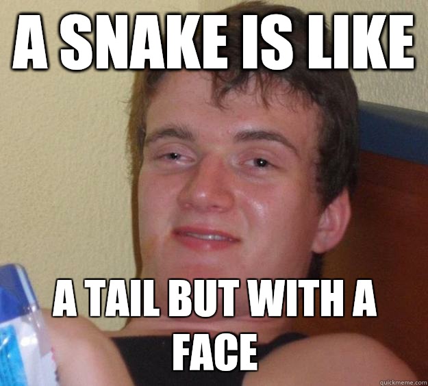A snake is like  A tail but with a face  10 Guy