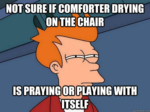 Not sure if comforter drying on the chair is praying or playing with itself  Not sure Fry