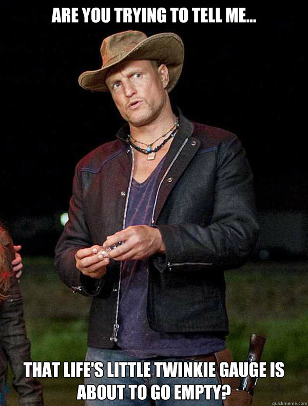 Are you trying to tell me...  that life's little Twinkie gauge is about to go empty?  Zombieland Twinkie
