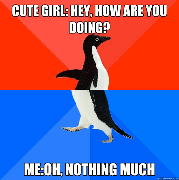 Cute girl: Hey, how are you doing? Me:Oh, nothing much  Socially Awesome Awkward Penguin