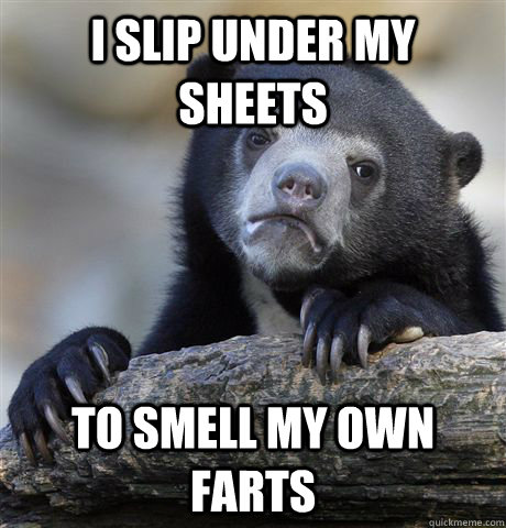 I slip under my sheets to smell my own farts  Confession Bear