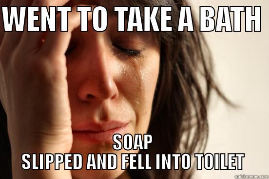 WENT TO TAKE A BATH  SOAP SLIPPED AND FELL INTO TOILET First World Problems