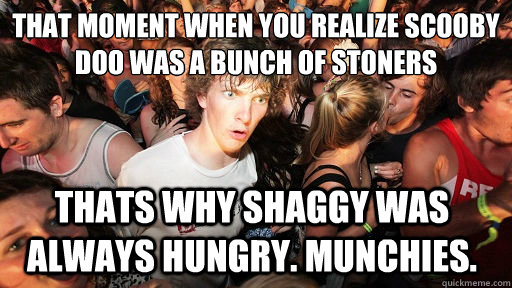 That moment when you realize scooby doo was a bunch of stoners  THATS WHY SHAGGY WAS ALWAYS HUNGRY. MUNCHIES.   Sudden Clarity Clarence