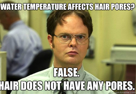 Water temperature affects hair pores? False.
Hair does not have any pores.  Schrute