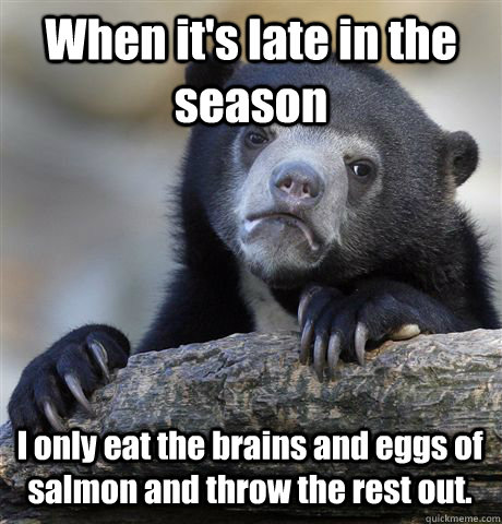 When it's late in the season I only eat the brains and eggs of salmon and throw the rest out. - When it's late in the season I only eat the brains and eggs of salmon and throw the rest out.  Confession Bear