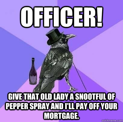 Officer! Give that old lady a snootful of pepper spray and I'll pay off your mortgage.  Rich Raven