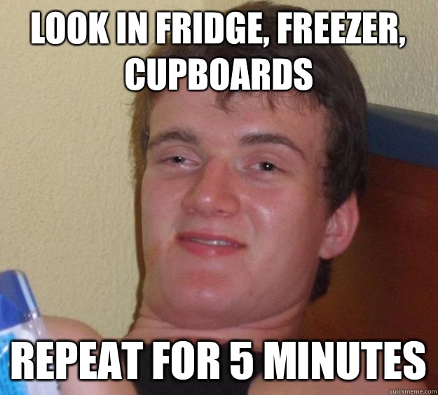 Look in fridge, freezer, cupboards Repeat for 5 minutes - Look in fridge, freezer, cupboards Repeat for 5 minutes  10 Guy