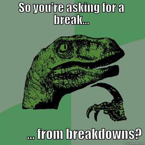 SO YOU'RE ASKING FOR A BREAK...             ... FROM BREAKDOWNS? Philosoraptor