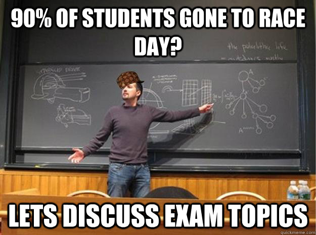 90% of Students gone to race Day? lets discuss exam topics - 90% of Students gone to race Day? lets discuss exam topics  Scumbag Lecturer  Proffessor