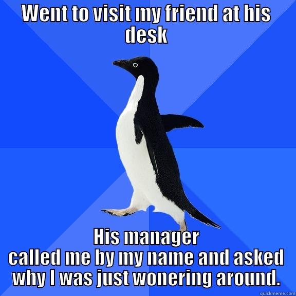 WENT TO VISIT MY FRIEND AT HIS DESK HIS MANAGER CALLED ME BY MY NAME AND ASKED WHY I WAS JUST WONDERING AROUND. Socially Awkward Penguin