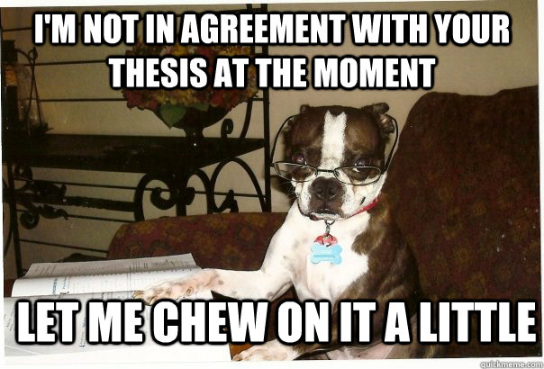 I'm not in agreement with your thesis at the moment let me chew on it a little - I'm not in agreement with your thesis at the moment let me chew on it a little  Professor Dog