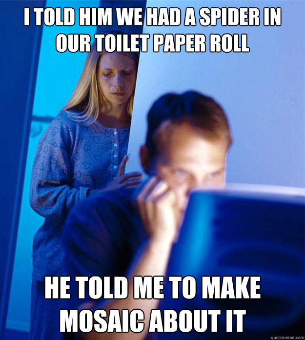 I told him we had a spider in our toilet paper roll He told me to make mosaic about it  Redditors Wife
