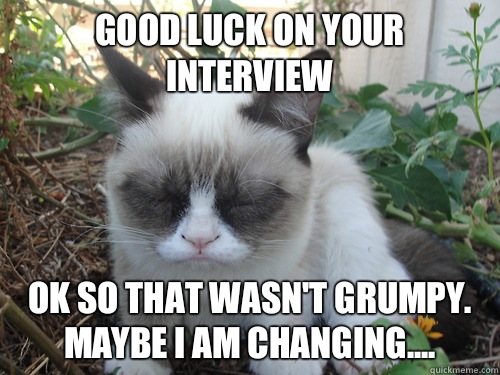 GOOD LUCK ON YOUR INTERVIEW OK SO THAT WASN'T GRUMPY. MAYBE I AM CHANGING....  