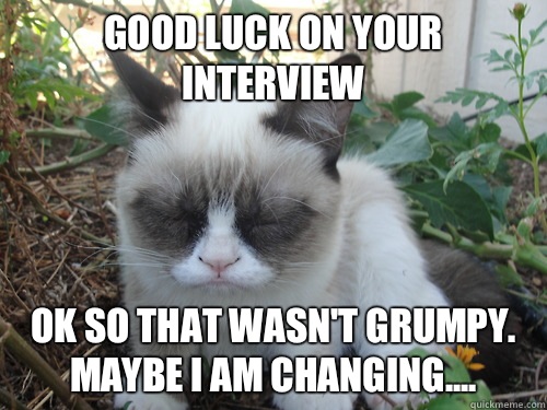 GOOD LUCK ON YOUR INTERVIEW OK SO THAT WASN'T GRUMPY. MAYBE I AM CHANGING....  Poor Grumpy Cat