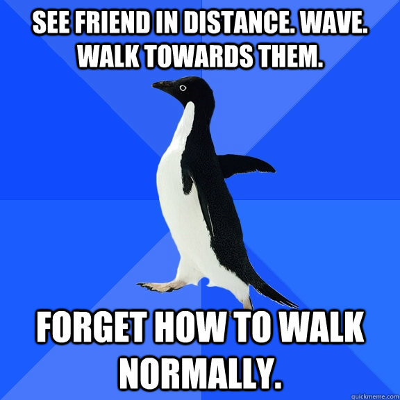 SEE FRIEND IN DISTANCE. WAVE. WALK TOWARDS THEM. FORGET HOW TO WALK NORMALLY.  Socially Awkward Penguin